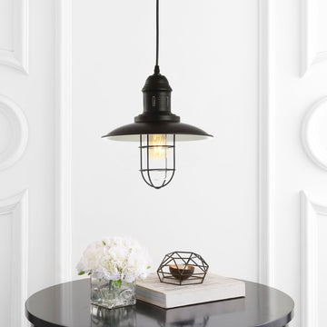 Deere 12" Adjustable Iron/Glass Cage Light LED Pendant - JONATHAN Y